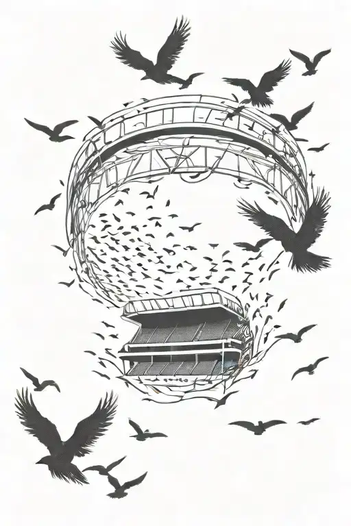 A Football Stadium Silhouette With A Flock Of Birds Flying Above It