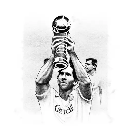 Lionel Messi Lifting The World Cup Trophy With The Argentina Flag In The Background