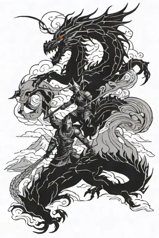 Warrior And Dragon Fighting For A Mountain Landscape