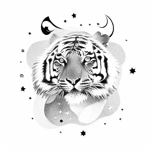 Boy And A Tiger Looking Up At The Stars