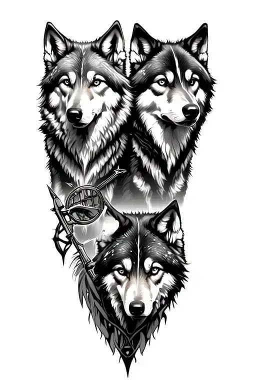 Two Male Wolves And Female And Hunter And Trap Background