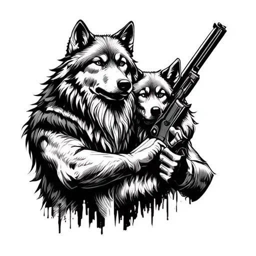 Two Wolves And Hunters Of The Long Beard And Gun In His Hand