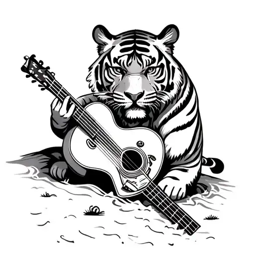 A Tiger Playing A Guitar On A Beach