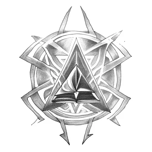 A Blackwork Tattoo Depicting The Deathly Hallows Symbol Integrated With Elements Of Witchcraft Books