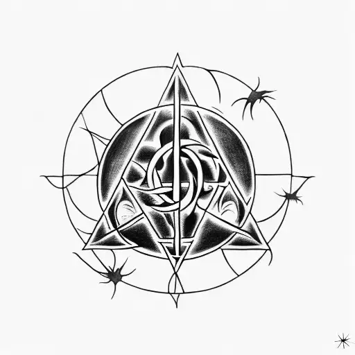 A Blackwork Tattoo Depicting The Deathly Hallows Symbol Integrated With Elements Of Witchcraft Books