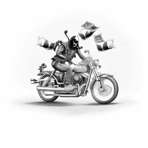 A Robber Riding A Motorcycle With Bags Of Money Flying Behind