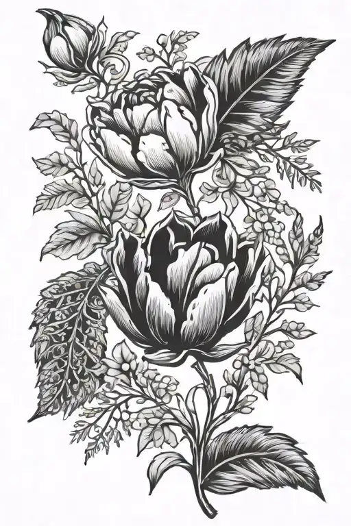 Dutch Tulip And New Zealand Fern Leaf Intertwined