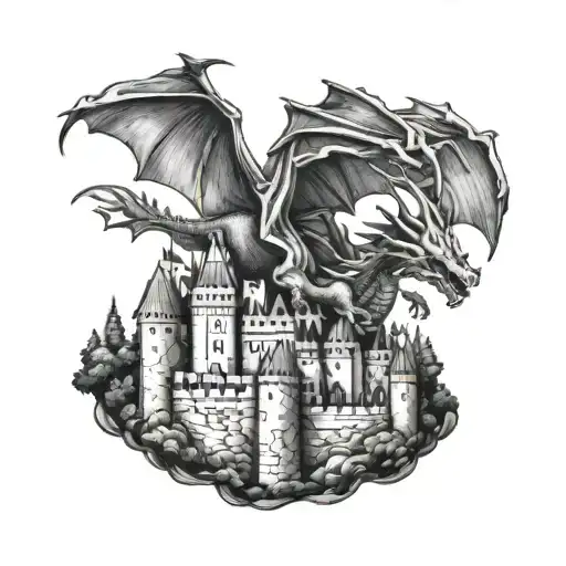 A Majestic Dragon Flying Over A Medieval Castle