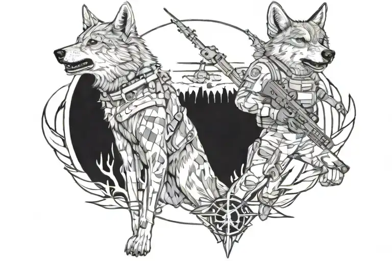Combat Helicopter Army Soldiers And A Wolf
