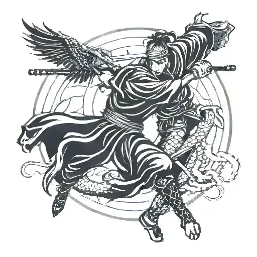 Samurai Ronin Fighting A Dragon In A Yin Yang Symbol