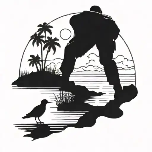 A Minimalist Blackwork Tattoo Of A Silhouette Of A Naturalist Exploring A Beach At Sunset