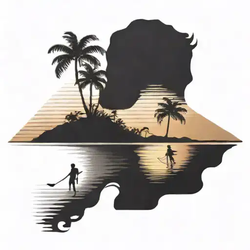 A Minimalist Blackwork Tattoo Of A Silhouette Of A Naturalist Exploring A Beach At Sunset