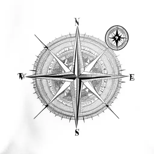 A Compass Rose Surrounded By Mountain Peaks And City Skylines
