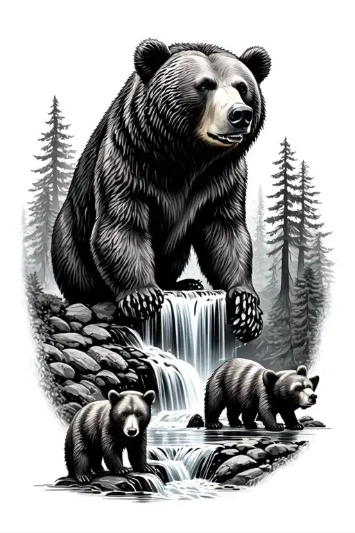 Bear And Cubs In Forest With Waterfall Cascading