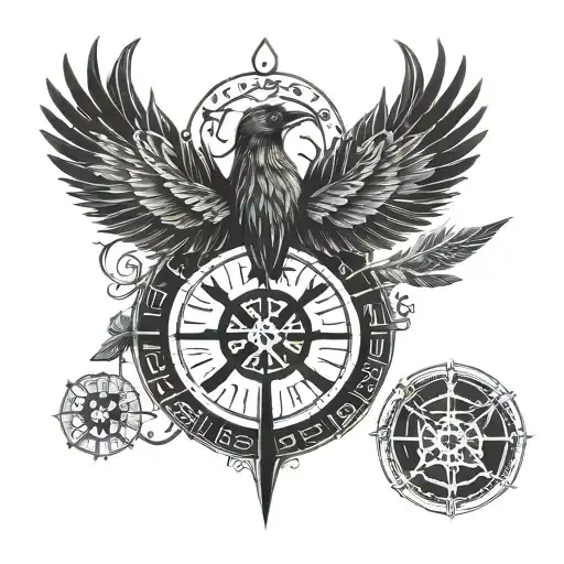 Vegvisir Rune Design With Raven Wings Spread