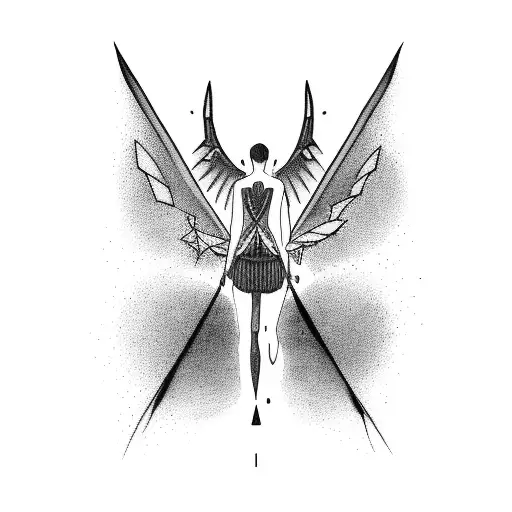 Minimalist Black Work Tattoo Full Body Woman With Bat Wings And Horns