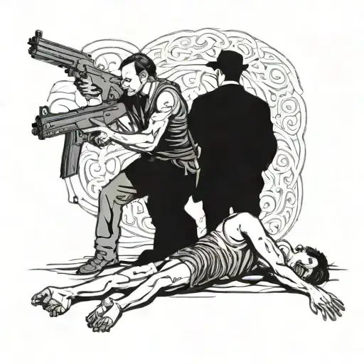 Man Holding His Dead Friend While The Gun Man Is Standing