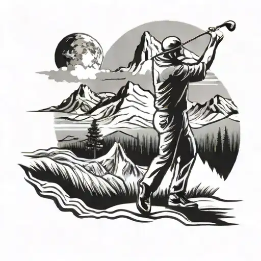 A Golfer Swinging A Club With A Mountain Range In The Distance