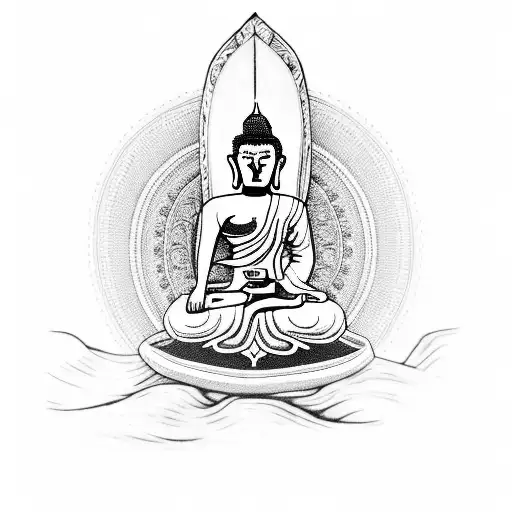 A Buddha Sitting Cross-legged On A Surfboard With Dachshund Wirehaired By Its Side