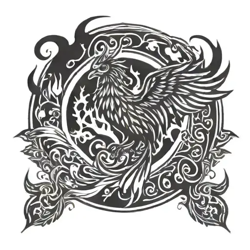Phoenix Rising In Circle With Flames Around