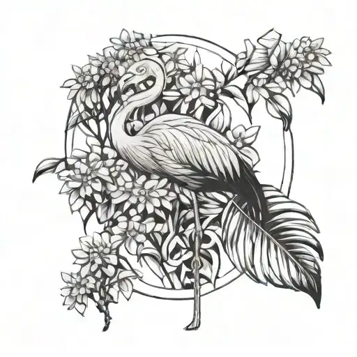 Flamingo With A Lilac Bush Behind It From Top Right