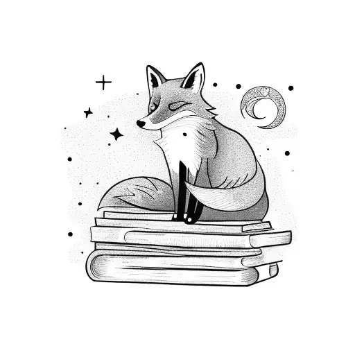 A Fox Sitting On A Pile Of Books Under A Starry Night Sky