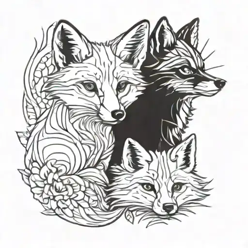 Baby Fox And Wolve Shaped Line Outlining