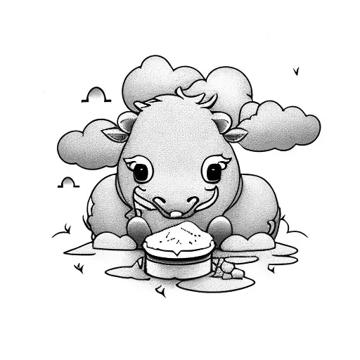 Little Cow Eating Little Grass With A Little Rain Cloud