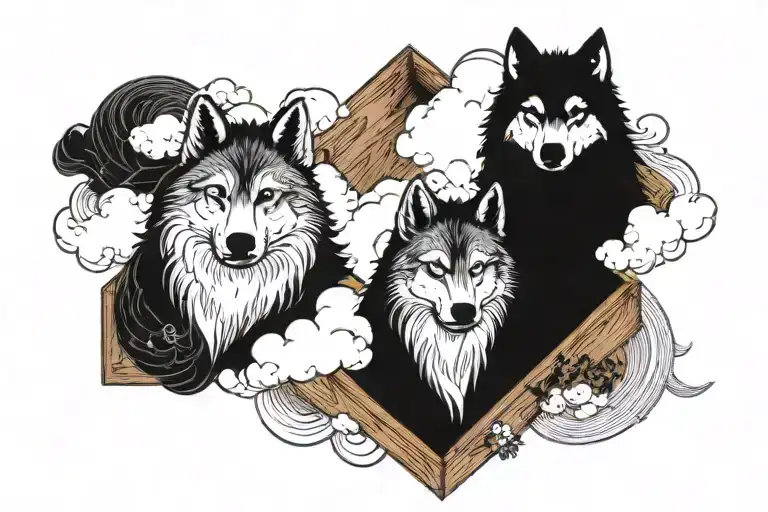 Cloud Shaped Like A Four Wolfs Coming From A Wooden Box