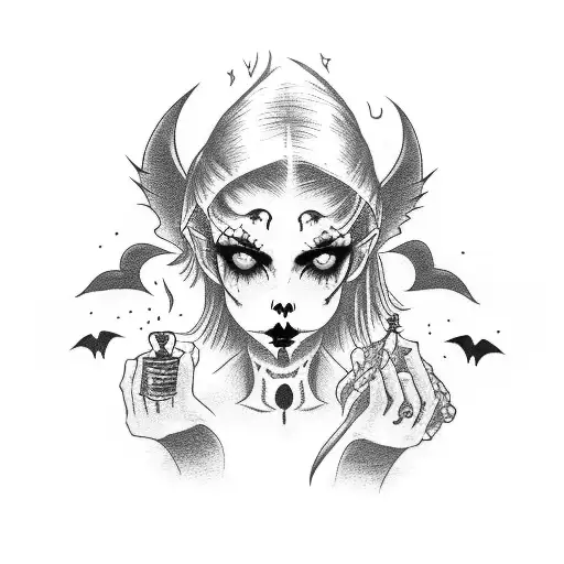 A Goth Vampire Girl Whit A Skull Candle In Her Hand And In The Background A Shining Moon Whit Bats