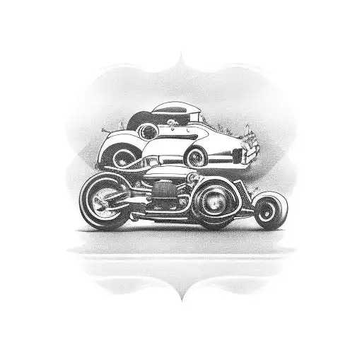 A Vintage Car And Motorcycle Racing Each Other