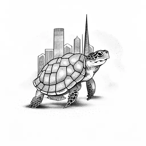 A Turtle Playing A Musical Instrument In Front Of A San Francisco Skyline
