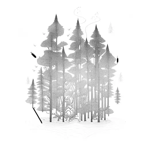 A Mystical Forest With A Lake And Fishing Rods Intertwined With Intricate Welding Tools
