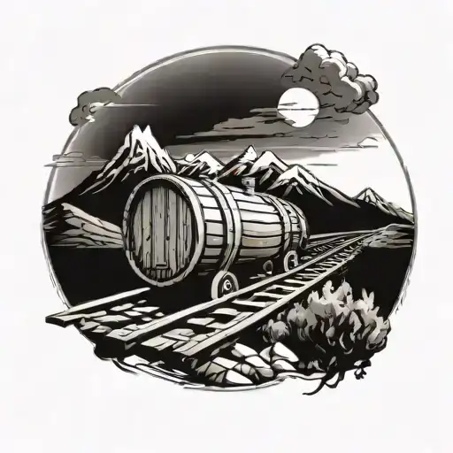 A Vintage Whiskey Barrel Rolling Down A Set Of Railroad Tracks With Mountains In The Background