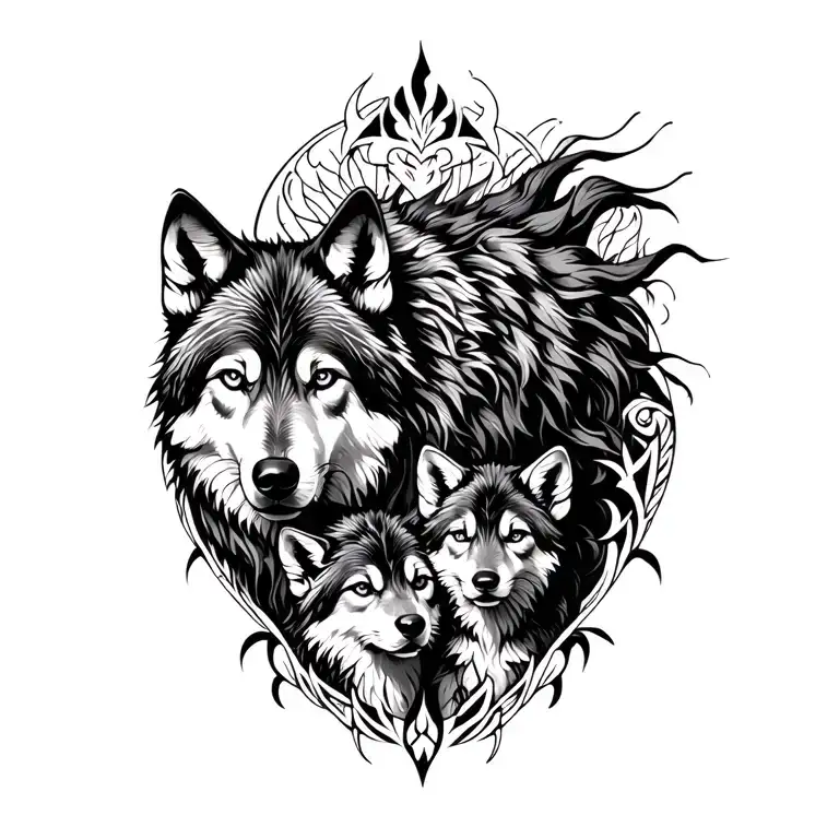 Tribal Wolf And Cubs Surrounded