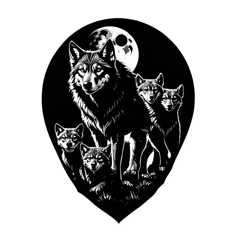 Tribal Wolf With 4 Cubs Full Moon