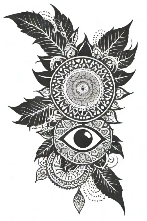 Eye Surrounded By Mandalas With Small Sun Moon Fire Elements