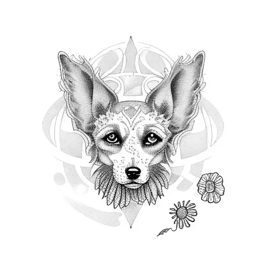A Mystical Blackwork Tattoo Of A Witch With Her Familiar Dog Surrounded By Flowers