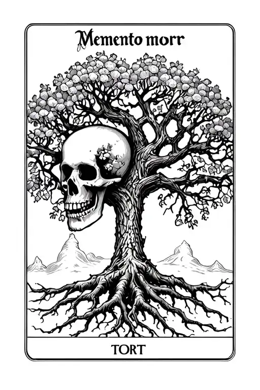 Tarot Card That Says Memento Mori Of Tree With Skull Underneath Made Of Roots