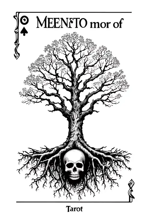 Tarot Card That Says Memento Mori Of Tree With Skull Underneath Made Of Roots