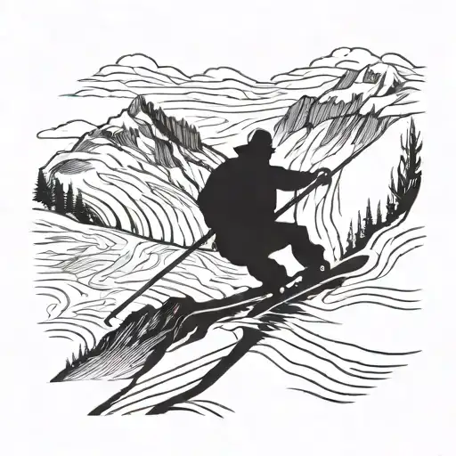 A Silhouette Of A Skier Carving Down A Mountain Slope With A Flowing River In The Background