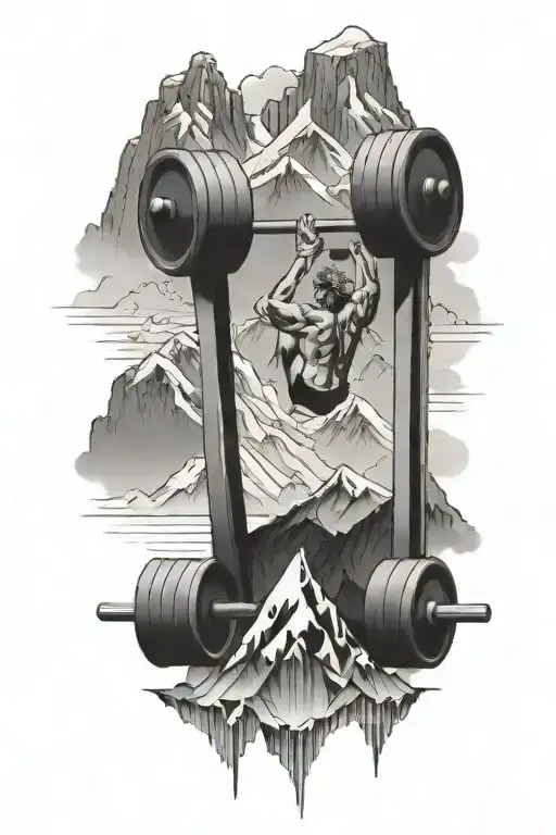 A Gym-inspired Tattoo Featuring Weights And Barbells Against A Mountain Backdrop