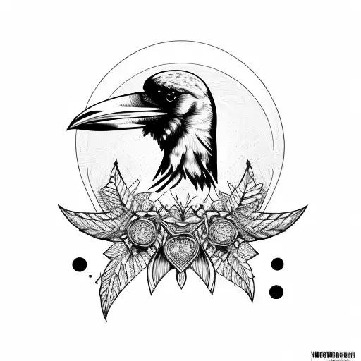 Raven Wings Out With No Pupils With Geometric Flower Pattern In The Background