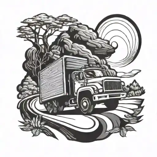 A Truck Driver Silhouette Playing A Guitar On A Winding Road