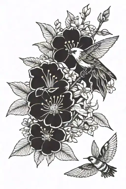 Honeysuckle Flower With Bird And Bees And Leaves