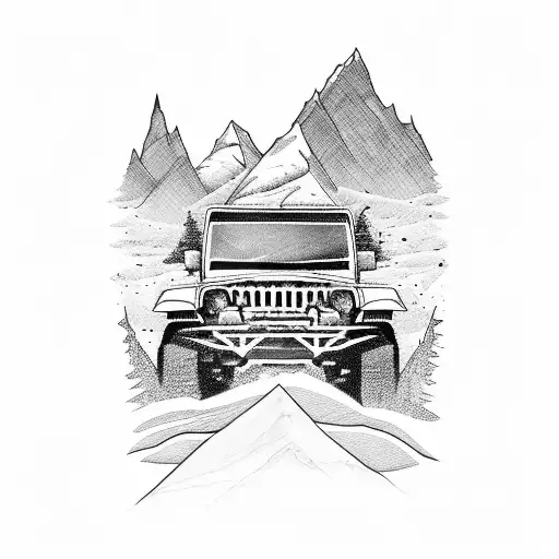 A Fierce Blackwork Tattoo Of A Jeep Conquering A Rugged Mountain Terrain