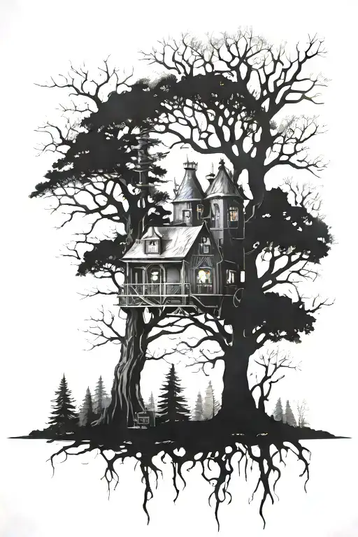 A Mystical Forest Scene With A Hidden Laboratory Nestled Among The Trees