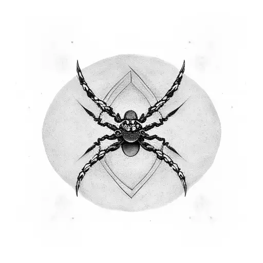 A Blackwork Tattoo Of A Katana Piercing Through A Spider's Body