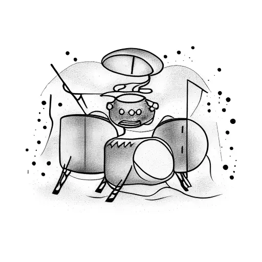 A Tattoo Of A Drum Kit On Fire With Smoke Forming Musical Notes And Stars