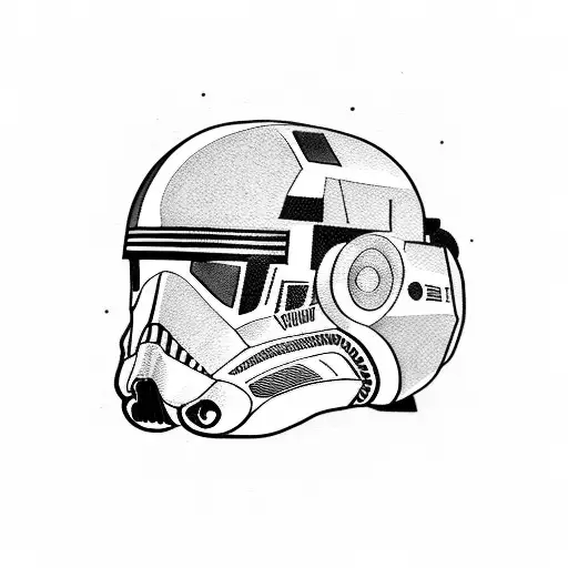 A Blackwork Tattoo Of A Motorbike Helmet With Star Wars-inspired Elements Incorporated